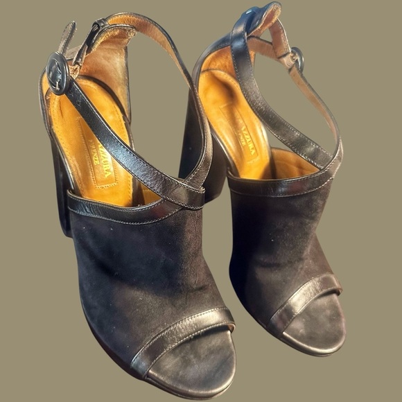 Aquazzura Black Leather ‘Issa’ Chunky Heel Peep-Toe Sandals Size 8.5 - Picture 5 of 14